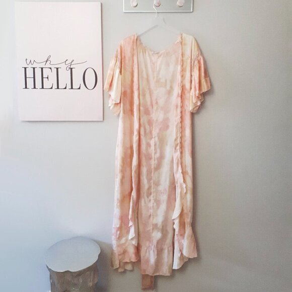NWOT Free People abstract tie dye print satin effect & lace accent washed robe - Picture 15 of 16